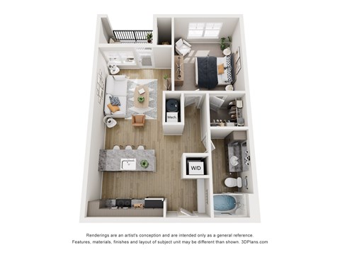 Floor plan for 1 bed, 1 bath, 669 sqft